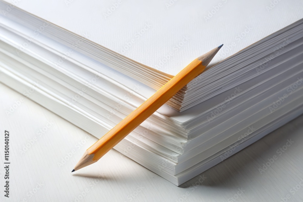 Fototapeta premium Worm's Eye View: Blank Paper Stack & Pencil - Minimalist Still Life Photography