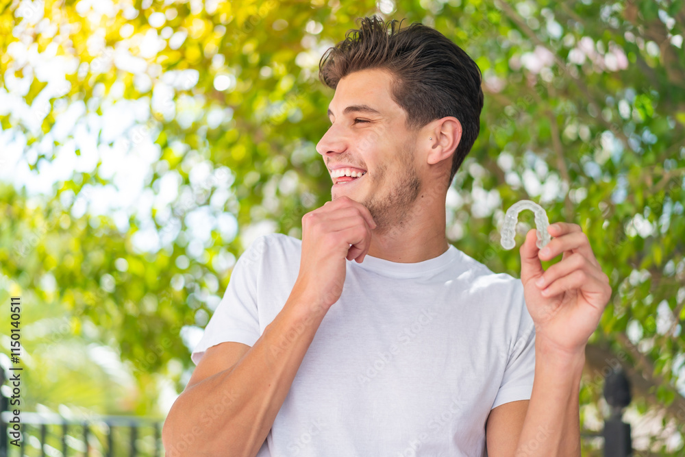 Young caucasian man holding invisible braces at outdoors thinking an idea and looking side Young caucasian man holding invisible braces at outdoors thinking an idea and looking side