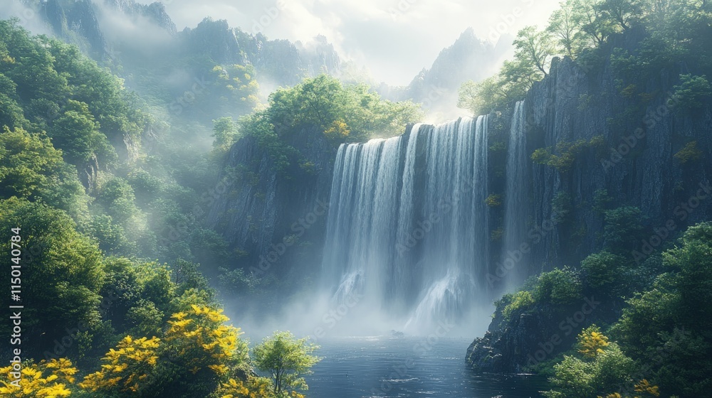 Fototapeta premium Misty waterfall cascading down lush green mountain.