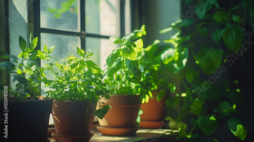 A vibrant herb garden with lush basil mint and cilantro plants growing in terracotta pots on a sunny windowsill.