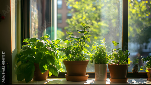 A vibrant herb garden with lush basil mint and cilantro plants growing in terracotta pots on a sunny windowsill. photo