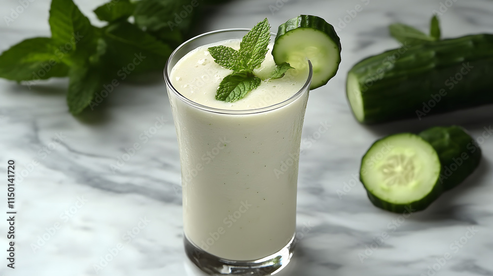 A vibrant herbal smoothie in a clear glass garnished with mint leaves and a slice of cucumber placed on a marble countertop. A vibrant herbal smoothie in a clear glass garnished with mint leaves and a slice of cucumber placed on a marble countertop.