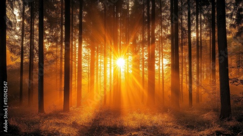 Sunrise Through Trees in Enchanted Forest with Golden Rays