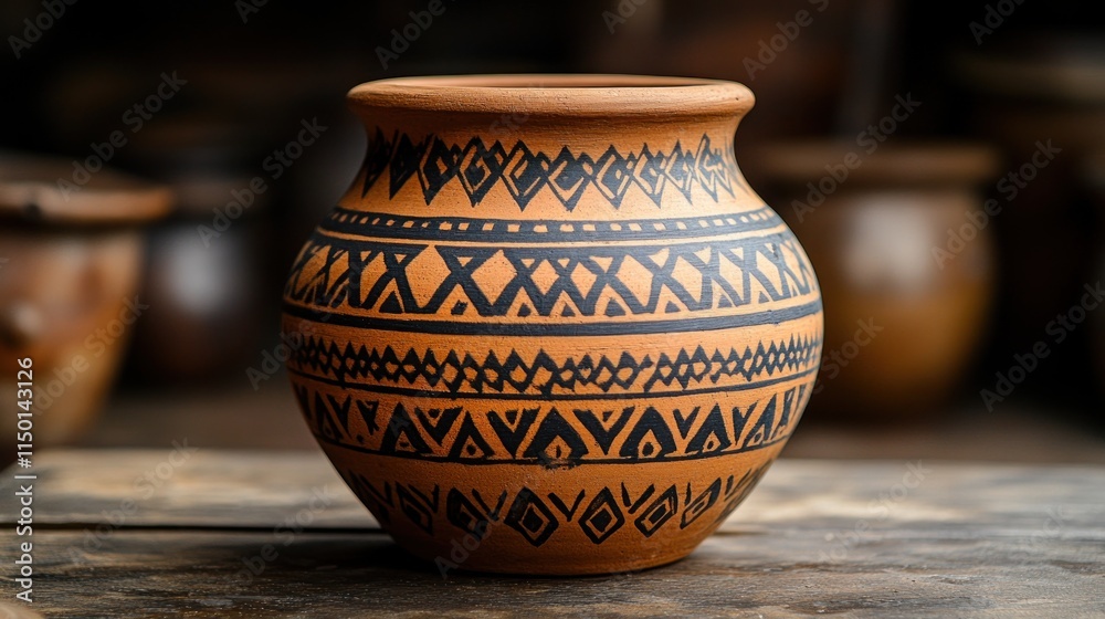 Hand-painted terracotta jar with geometric patterns on wooden surface.