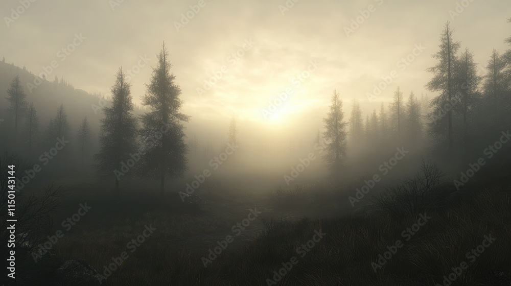 Misty Morning Sunrise Over Tranquil Pine Forest Landscape Misty Morning Sunrise Over Tranquil Pine Forest Landscape