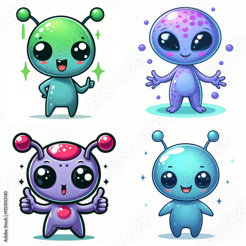 Cute alien characters with vibrant colors and playful expressions in a cartoon style