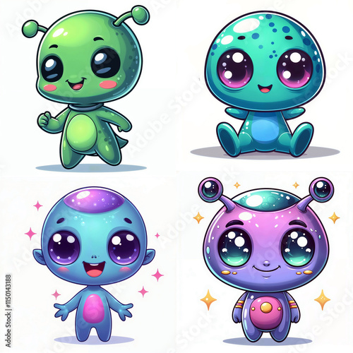 Cute alien characters with vibrant colors and playful expressions in a cartoon style