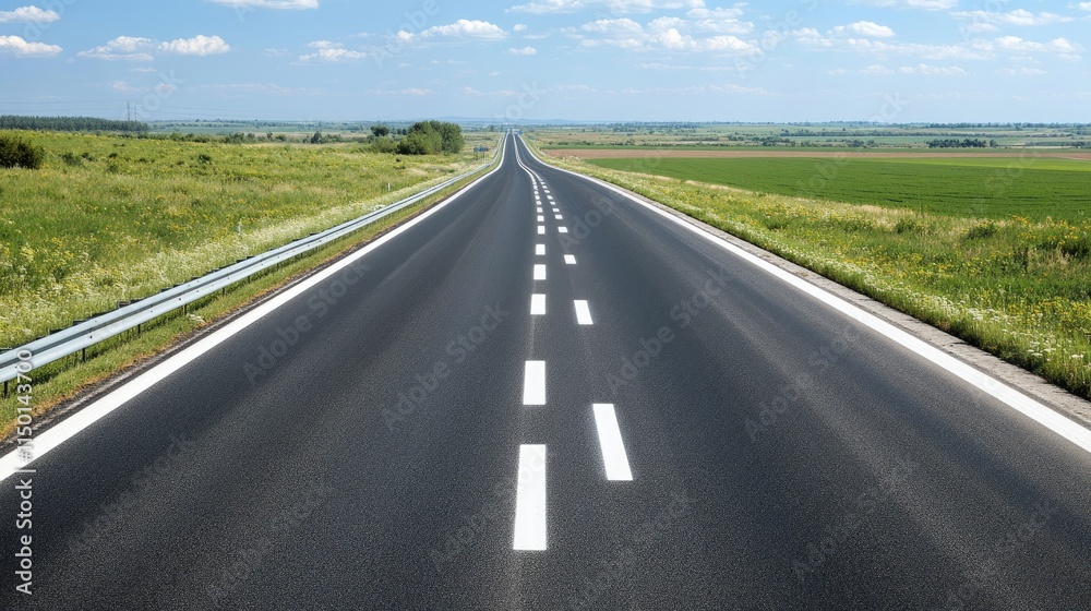 Open Road Stretching Through Lush Green Fields Under Blue Sky