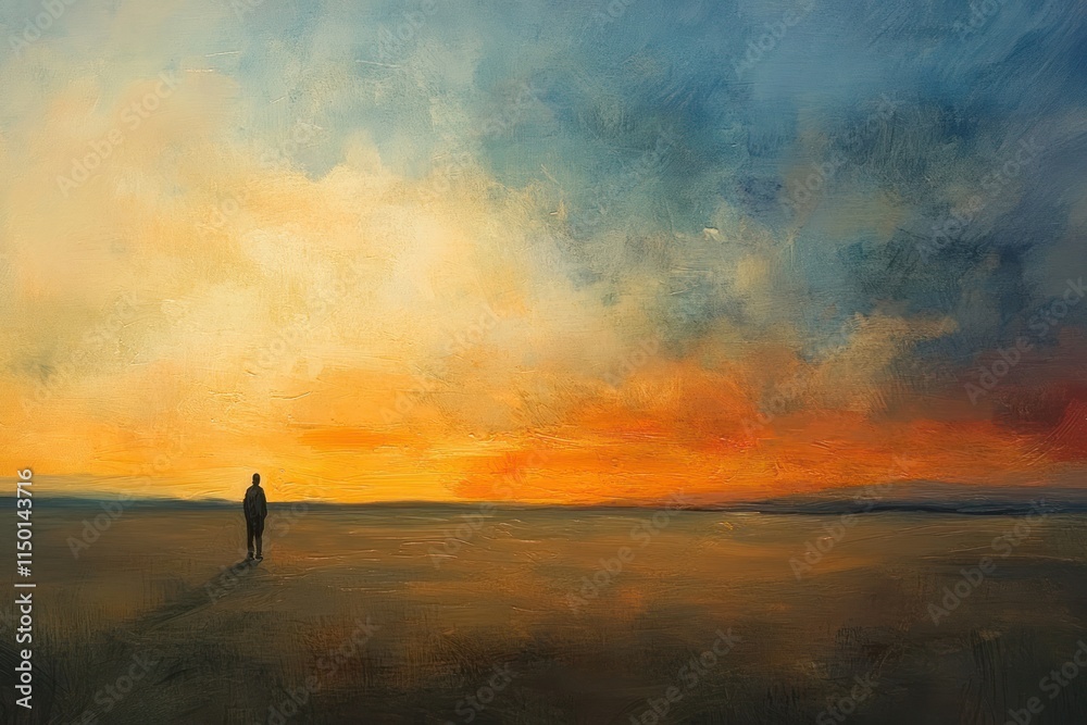 Solitary Figure in Vast Desert Landscape at Dusk Solitary Figure in Vast Desert Landscape at Dusk