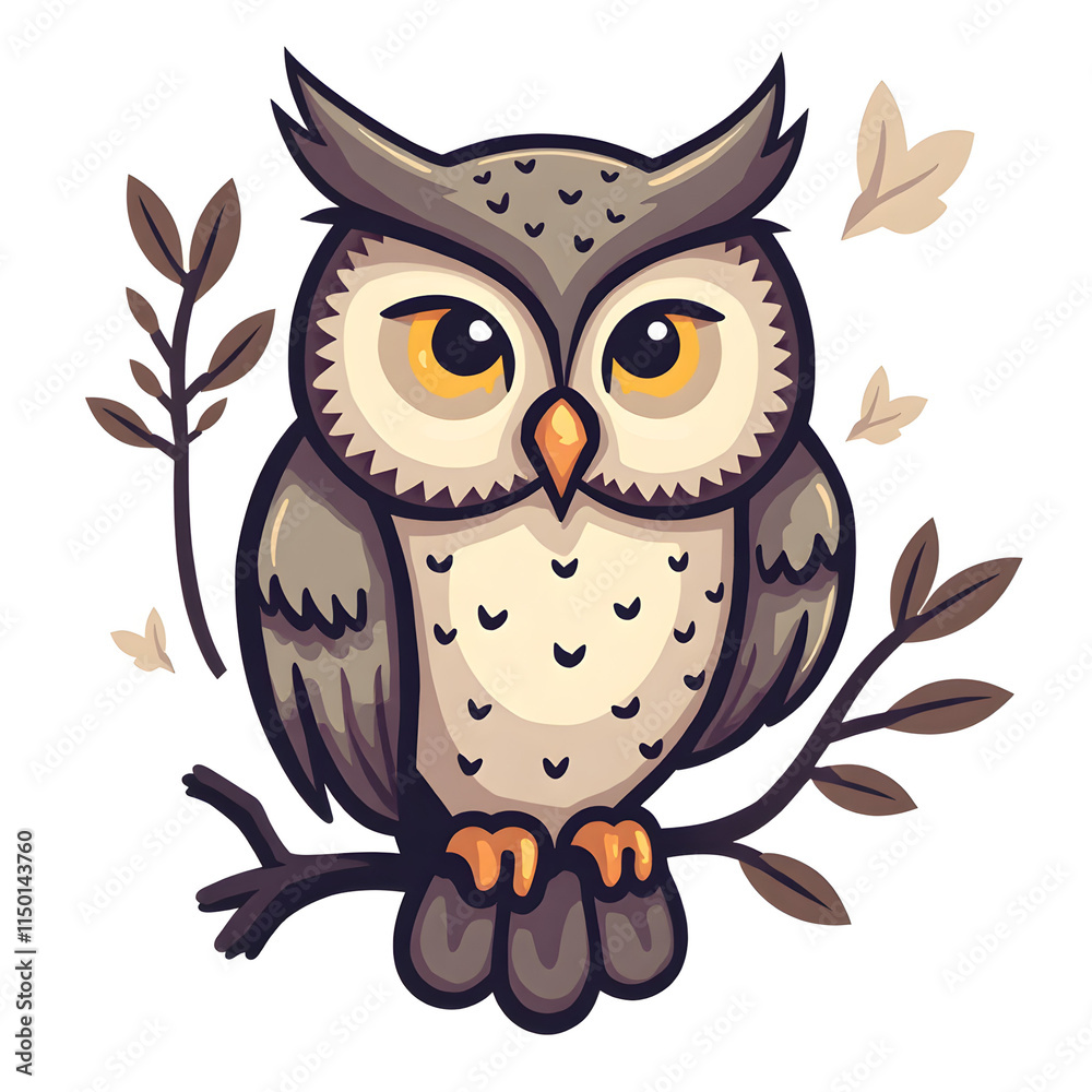 Fototapeta premium Cute cartoon owl sitting on a branch with leaves and butterflies on white background