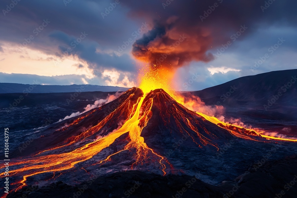 Fototapeta premium Stunning Volcanic Eruption with Fiery Lava and Dramatic Sky