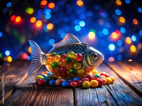 Night Photography: Colorful Jelly Bean Filled Glass Fish Figurine photo