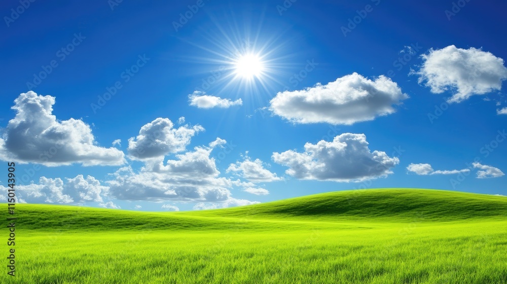 Fototapeta premium Bright Green Landscape Under Blue Sky with Soft Cloud Formation