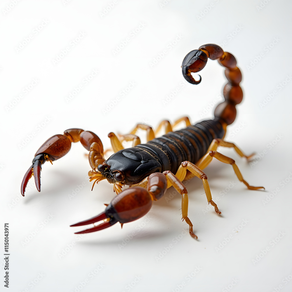 Realistic close-up of a scorpion with detailed body and claws on white background Realistic close-up of a scorpion with detailed body and claws on white background