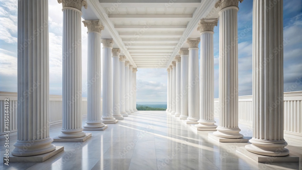 A row of classical white columns with a view of a distant landscape through the open doorway. A row of classical white columns with a view of a distant landscape through the open doorway.