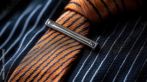 Stylish close-up of a tie, tie clip, and shirt fabric patterns