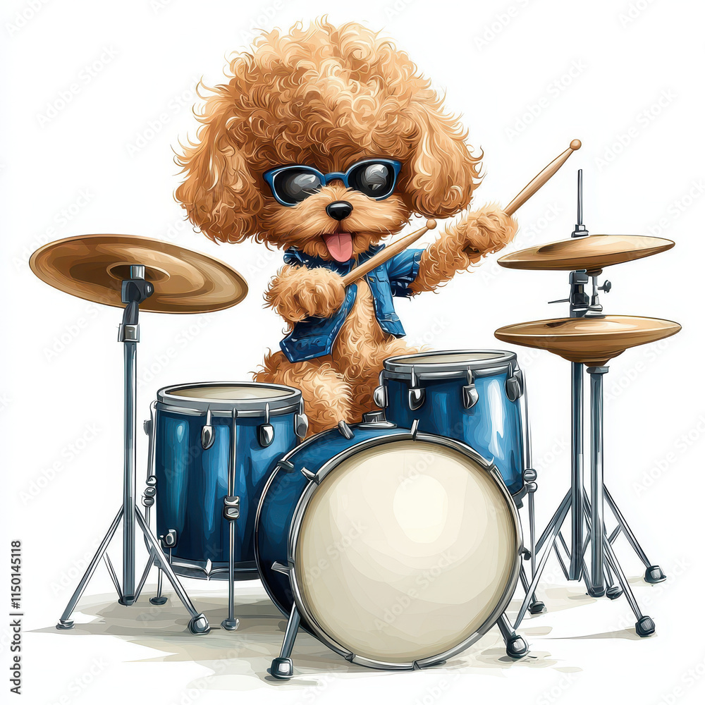 Fototapeta premium Energetic poodle puppy playing drums, wearing sunglasses and jacket
