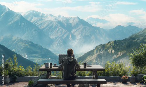 Tourist with hiking gear in mountains. Tourist with backpack walking in mountains at sunset. Fog. Travel concept. Landscape with traveler, foggy hills, forest, amazing sky and sunlight