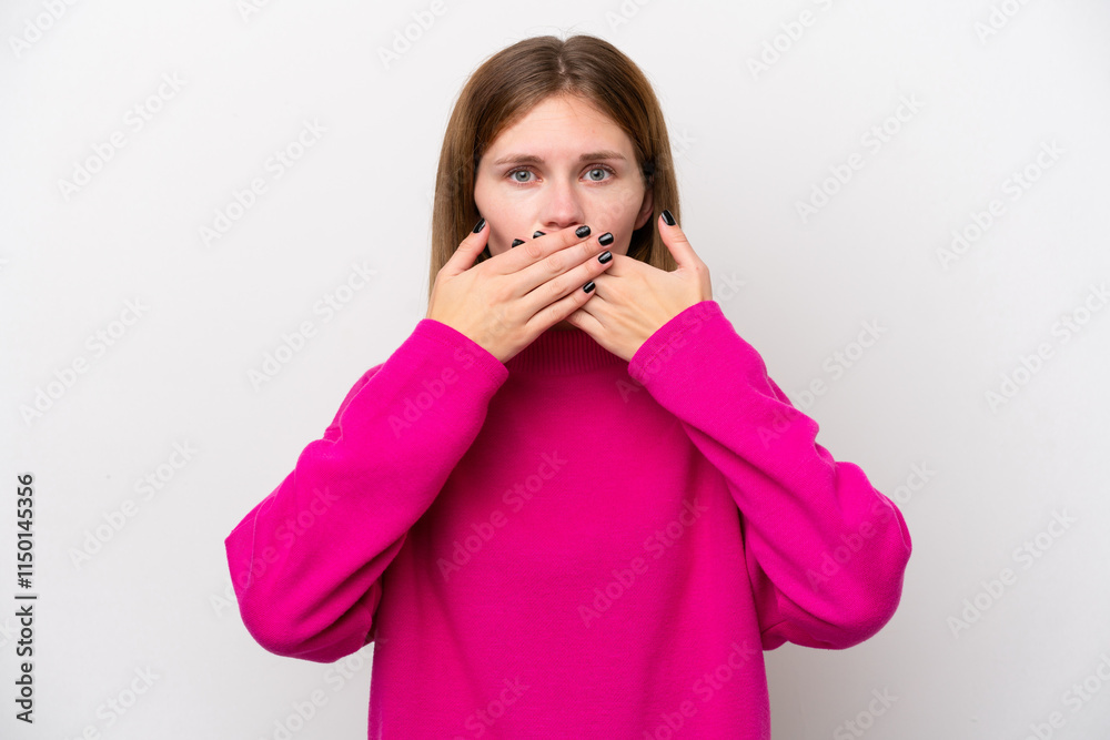 Young English woman isolated on white background covering mouth with hands Young English woman isolated on white background covering mouth with hands