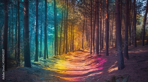 Tyndall effect, a tall pine forest, rainbow-like light shines through the branches and leaves onto the ancient road ahead, colorful and full of vitality.