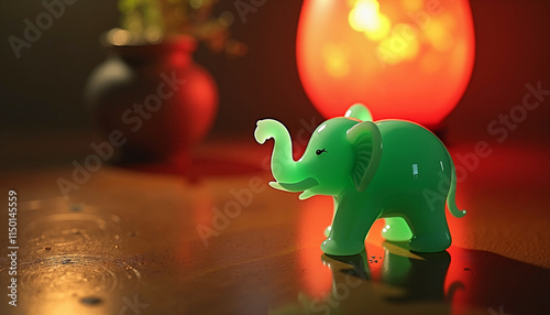 Green plastic elephant figurine with soft light background and plant vase, Lucky charms photo