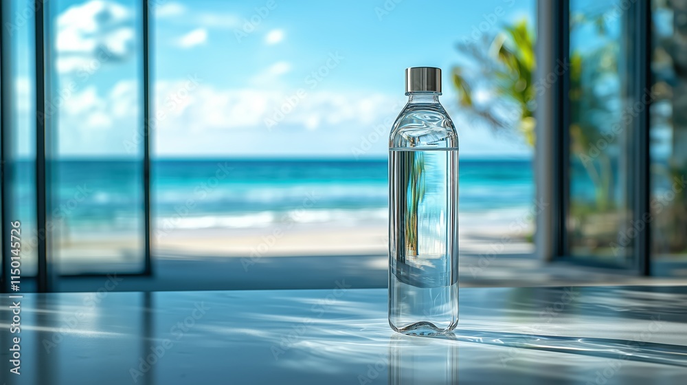 Clear Water Bottle on Table with Ocean View Background Clear Water Bottle on Table with Ocean View Background