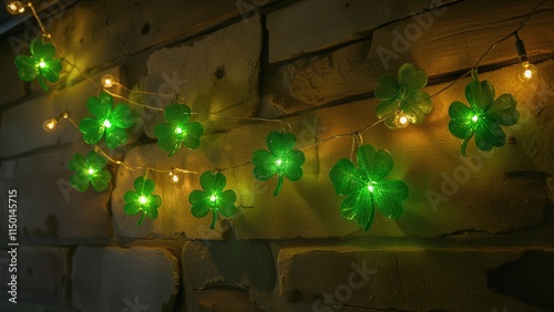 Green shamrock string lights on rustic brick wall. photo