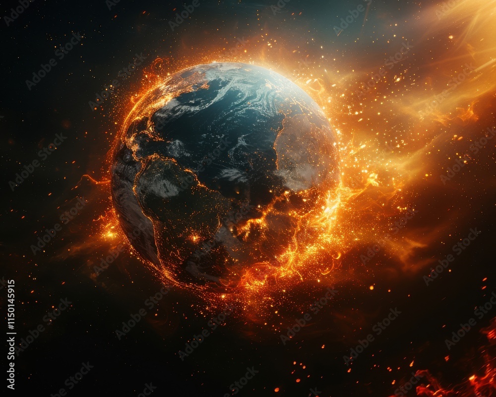 Burning Planet: A fiery apocalypse engulfs the Earth in a dramatic cosmic scene. Burning Planet: A fiery apocalypse engulfs the Earth in a dramatic cosmic scene.
