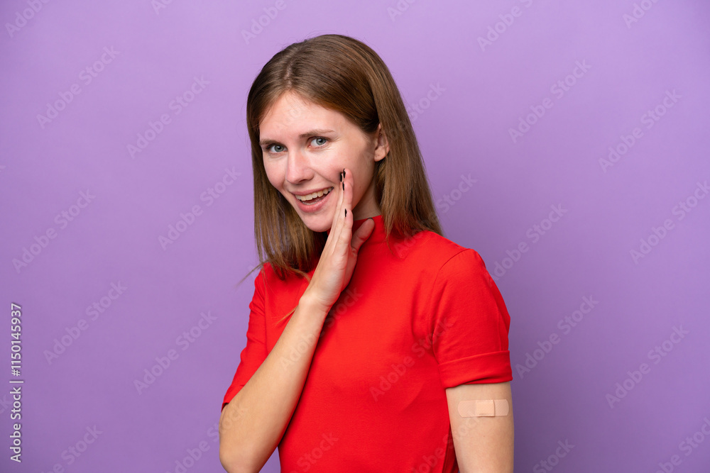 Young English woman wearing band-aids isolated on purple background whispering something Young English woman wearing band-aids isolated on purple background whispering something