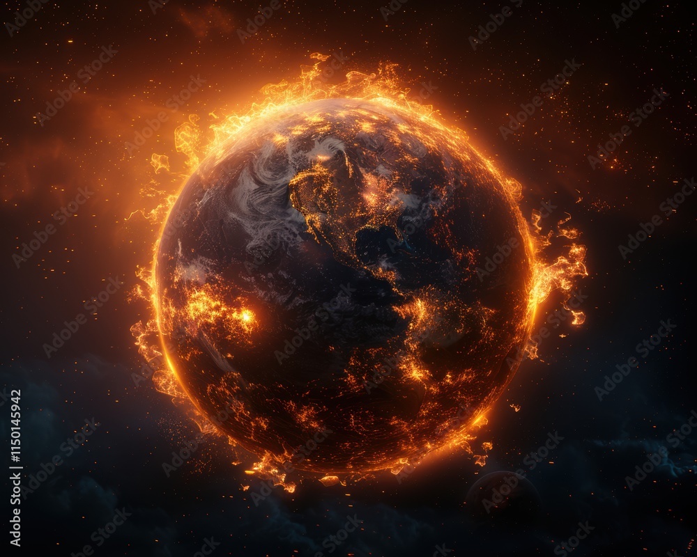 Obraz premium Burning Earth: A fiery inferno consumes the planet in a dramatic and apocalyptic vision of environmental destruction. The Earth's surface is engulfed in flames.