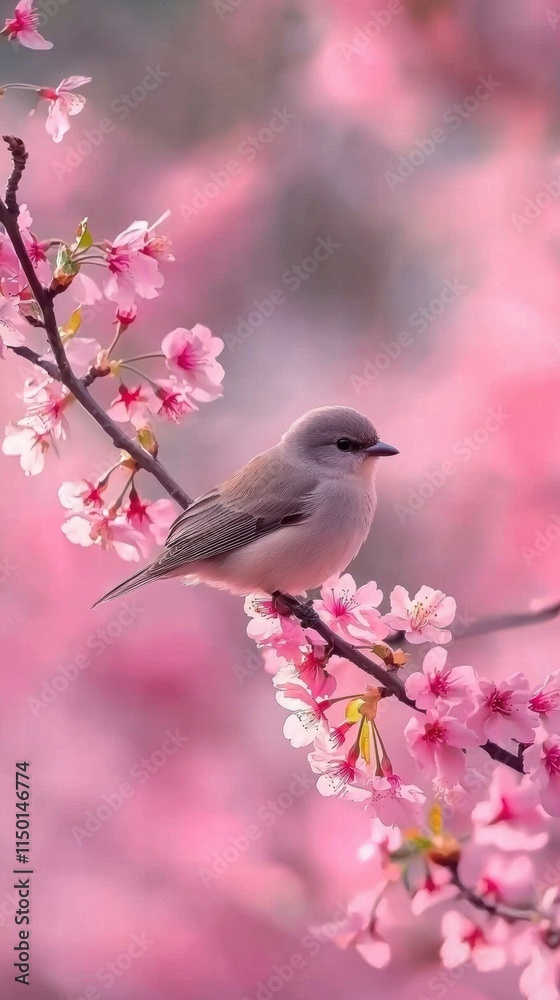 Serene springtime a bird on cherry blossom branch amidst delicate pink blooms Serene springtime a bird on cherry blossom branch amidst delicate pink blooms