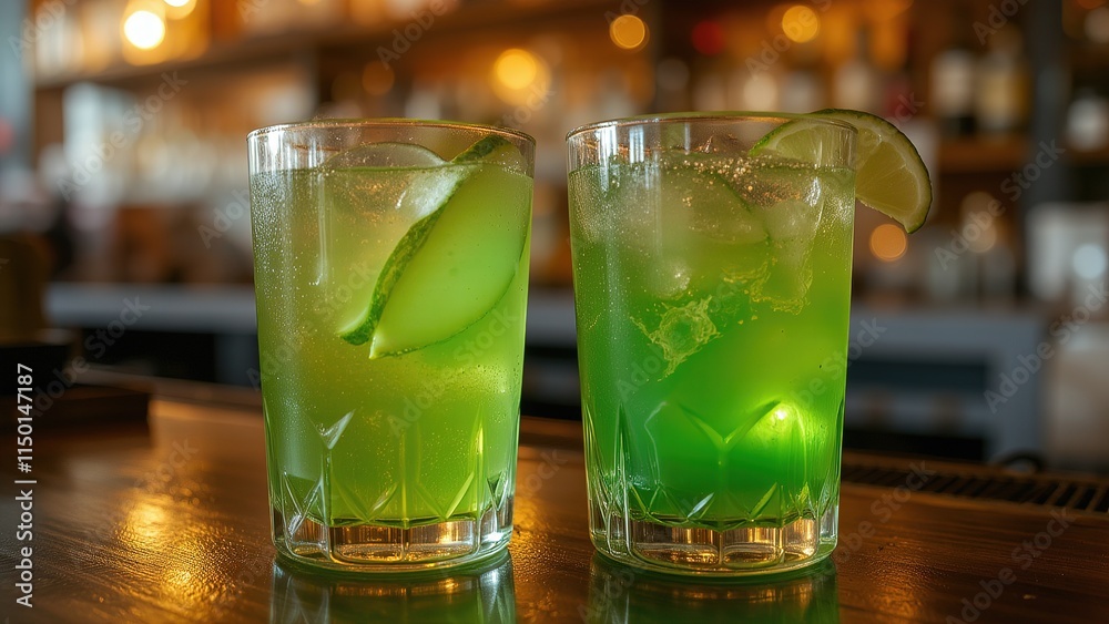 Fototapeta premium Green cocktails with lime slices on a festive bar counter.