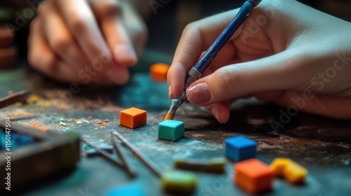 hands shaping a miniature figurine from polymer clay, with colorful clay blocks and tiny tools nearby. 