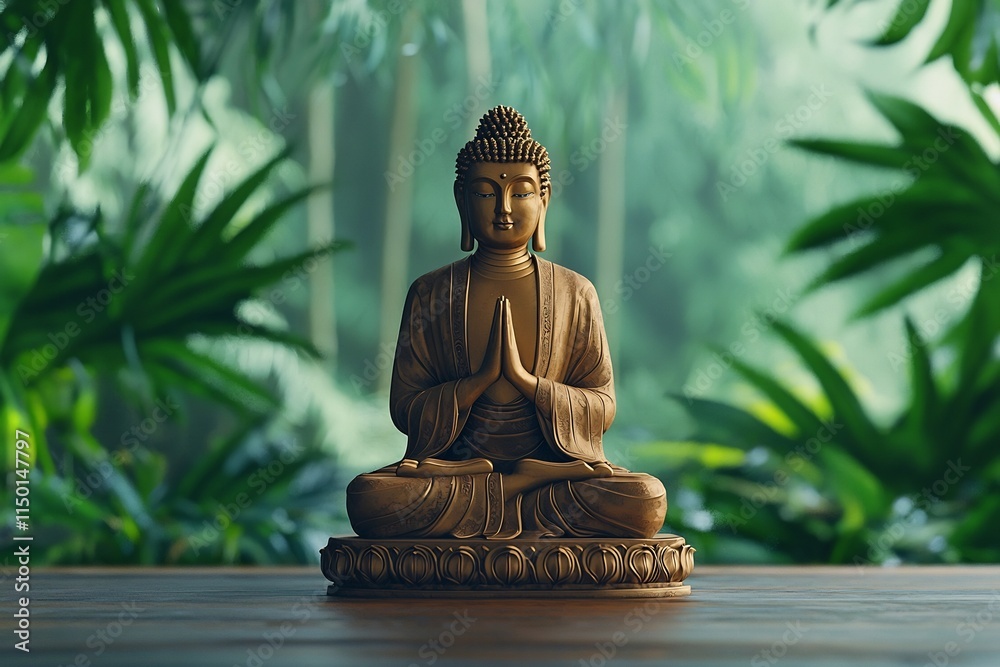 Serene Buddha Statue in Lush Tropical Forest Backdrop for Peaceful Meditation and Spiritual Contemplation Serene Buddha Statue in Lush Tropical Forest Backdrop for Peaceful Meditation and Spiritual Contemplation