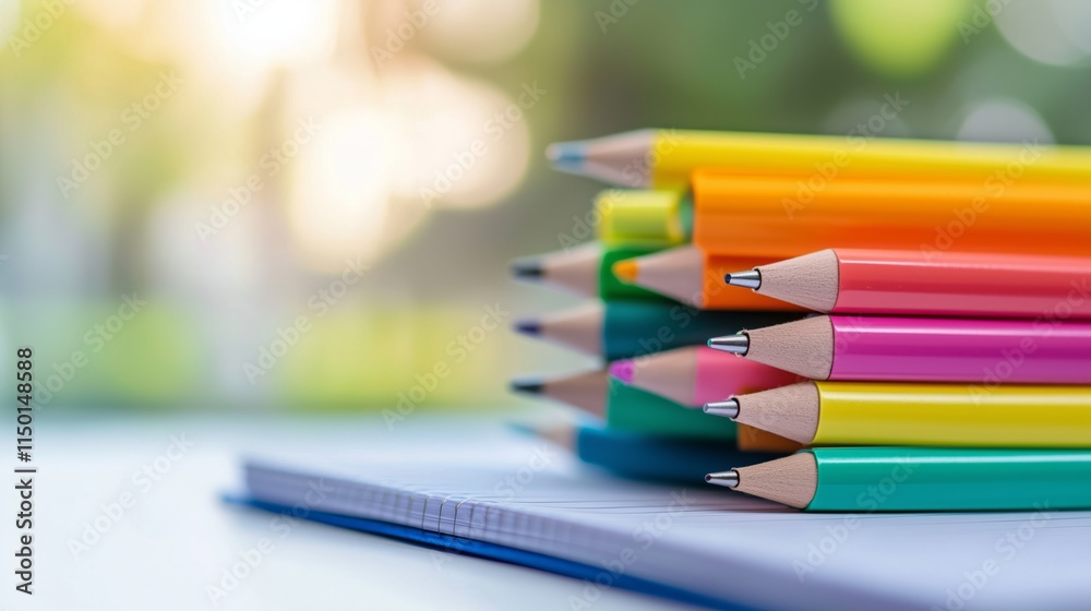 Colorful Pencils Stacked on Notebook in Soft Light Colorful Pencils Stacked on Notebook in Soft Light
