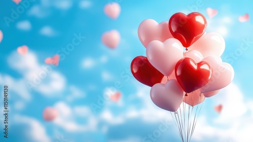 Valentine's Day pink and red balloon arrangement concept. Bunch of heart-shaped balloons floating against a blue sky with soft clouds, symbolizing love and celebration.