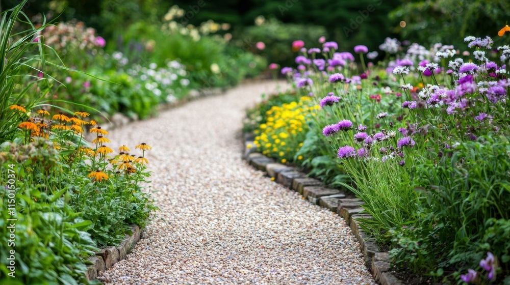 Obraz premium Nature's serenity bokeh-filled garden path with captivating wildflower blooms