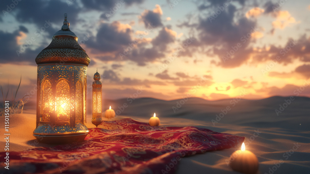 Traditional lanterns and candles cast a warm glow on the desert sand dunes during a serene ramadan sunset Traditional lanterns and candles cast a warm glow on the desert sand dunes during a serene ramadan sunset