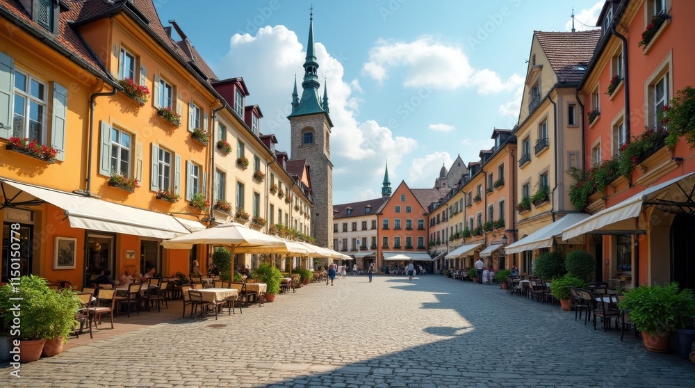 Fototapeta premium Charming European Town Square with Cobblestone Streets