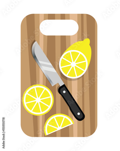 Cutting Board with Knife and Sliced Lemons Top View. Food and preparing fruits concept vector art