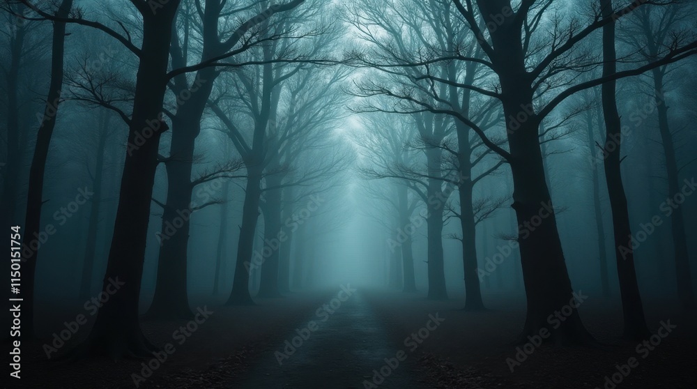 Obraz premium Dark Moody Forest with Towering Trees and Mist