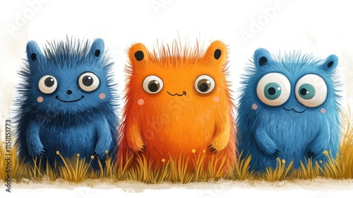 Three furry monsters, orange and blue, in tall grass.