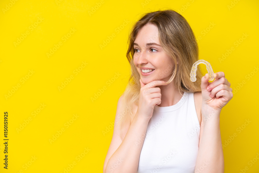 Blonde English young girl holding invisible braces isolated on yellow background thinking an idea and looking side Blonde English young girl holding invisible braces isolated on yellow background thinking an idea and looking side