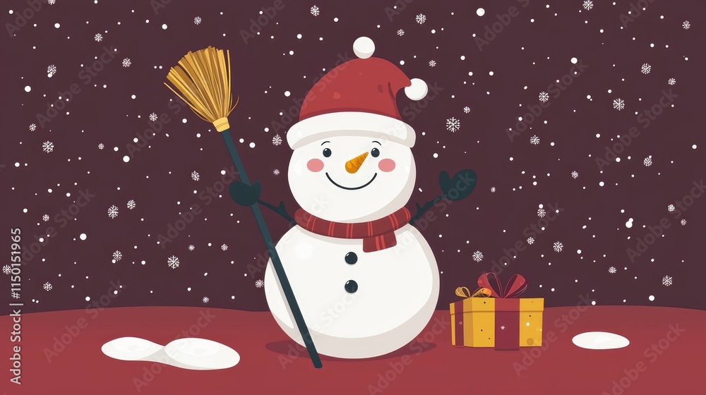 Naklejka premium Festive Snowman with Broom and Gift, Winter Wonderland Illustration