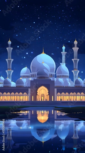 luxurious and magnificent mosque building, with a large and beautiful garden, at night with a beautiful view of the stars