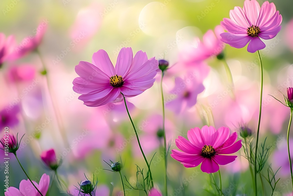 Fototapeta premium Pink Cosmos Flowers Bloom in Soft Sunlight