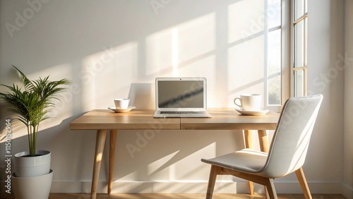 Sunlight illuminates a minimalist home office workspace with a laptop, two coffee cups, and a plant