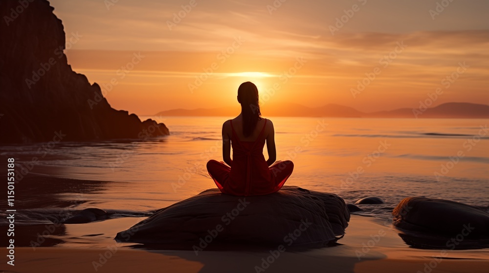 A person meditating on a beach during sunset,generative ai illustration A person meditating on a beach during sunset,generative ai illustration