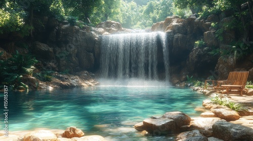 Serene waterfall pool, jungle setting, wooden chairs.