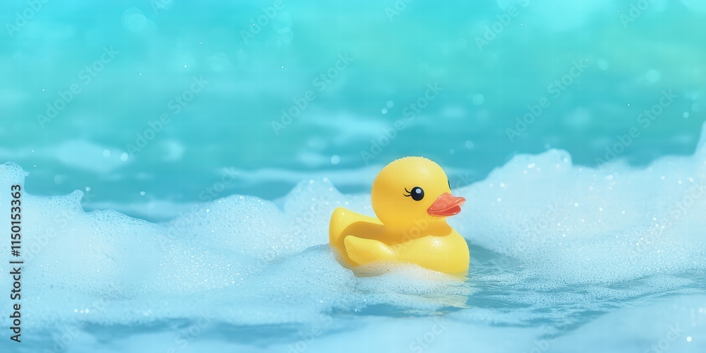Yellow Rubber Duck Floating on Blue Waves with Soap Bubbles Yellow Rubber Duck Floating on Blue Waves with Soap Bubbles